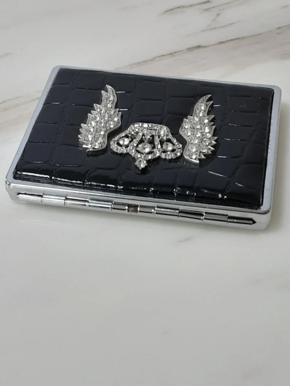 Black Faux Croc Rhinestone Crown Angel Wings Accent Case - Unisex - Vtg